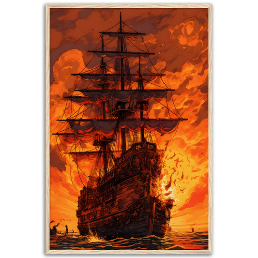 Sunset Raid on the High Seas - Wood Frame Museum Paper - Dragons Fable