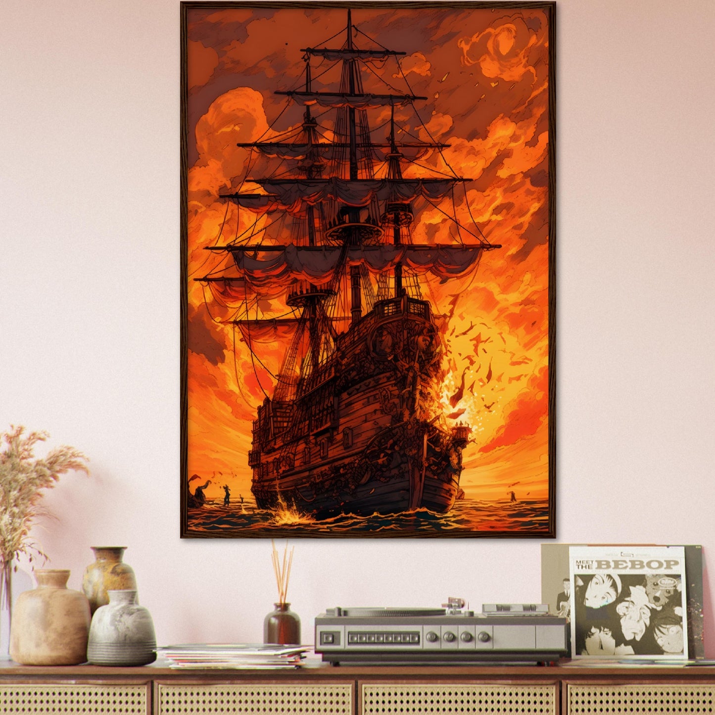 Sunset Raid on the High Seas - Wood Frame Museum Paper - Dragons Fable